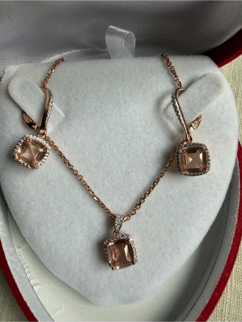 18K Rose Gold Plated Over Sterling SilverSquare Crystal Necklace and Earring Set